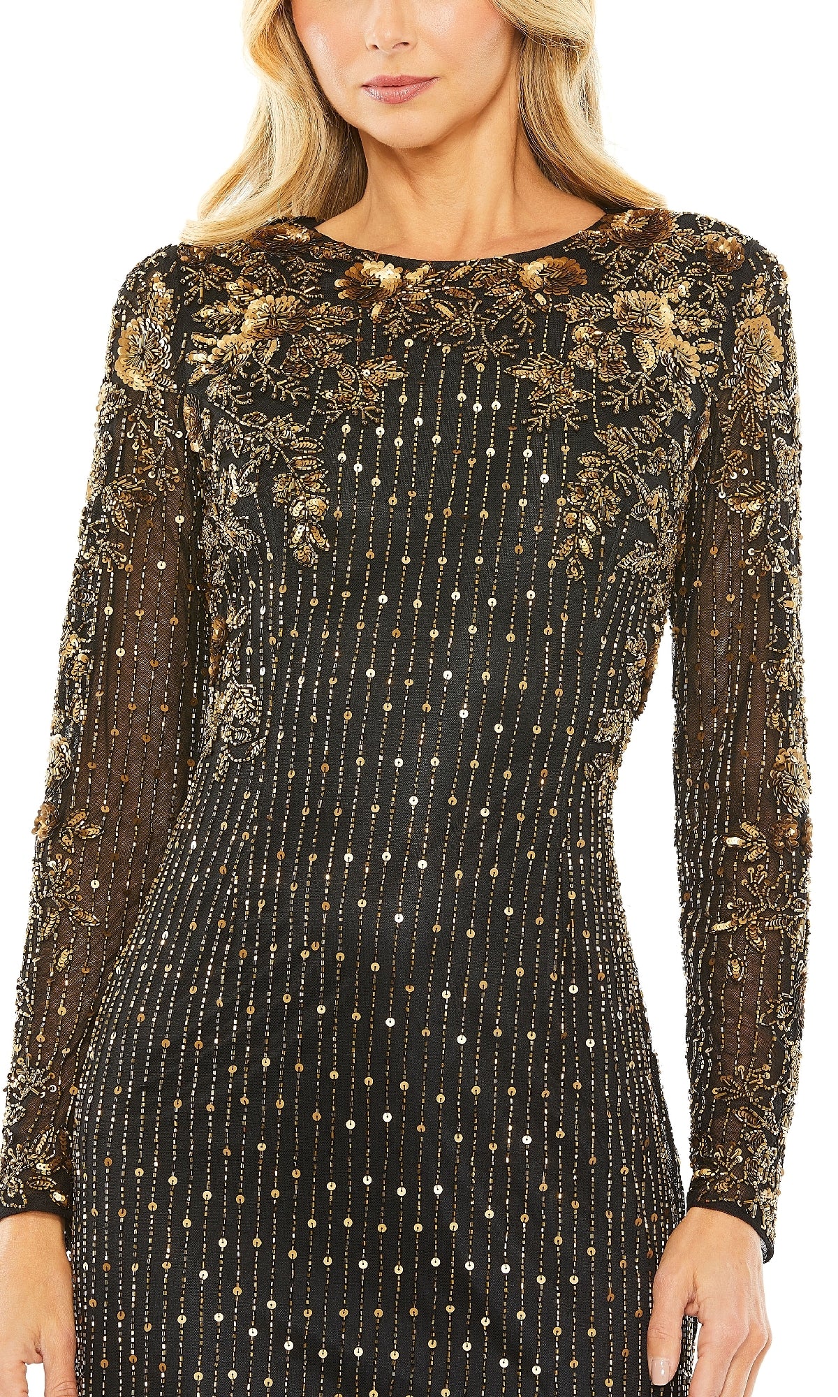 A woman wearing the Gold-Beaded Black Formal Gown: Mac Duggal 5956, featuring intricate gold floral embroidery and vertical beaded embellishments.